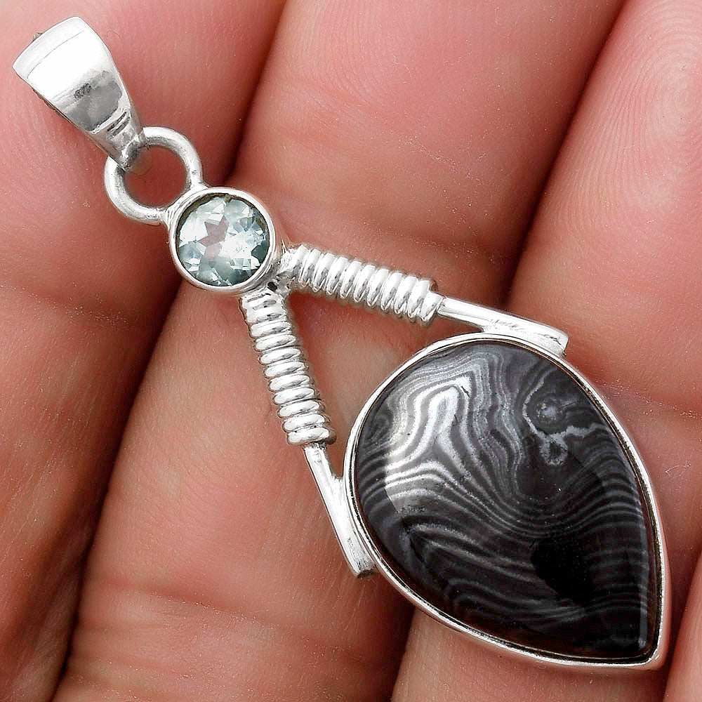 Crown Of Silver Psilomelane Black Malachite & Sky Topaz Silver Pendant P-1600 SDP119572