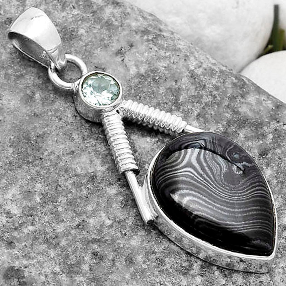 Crown Of Silver Psilomelane Black Malachite & Sky Topaz Silver Pendant P-1600 SDP119572