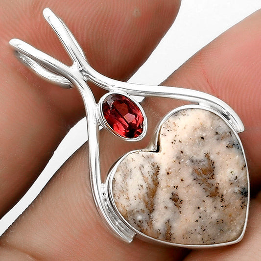 Heart Natural Dendrite Agate & Garnet Pendant P-1038 SDP120634