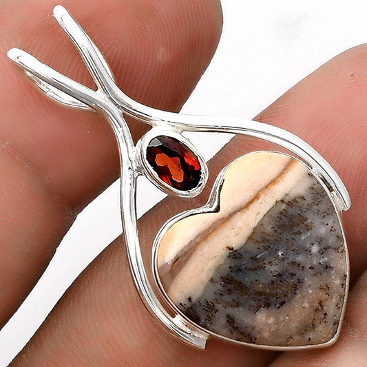 Heart Natural Dendrite Agate & Garnet Pendant P-1038 SDP120663