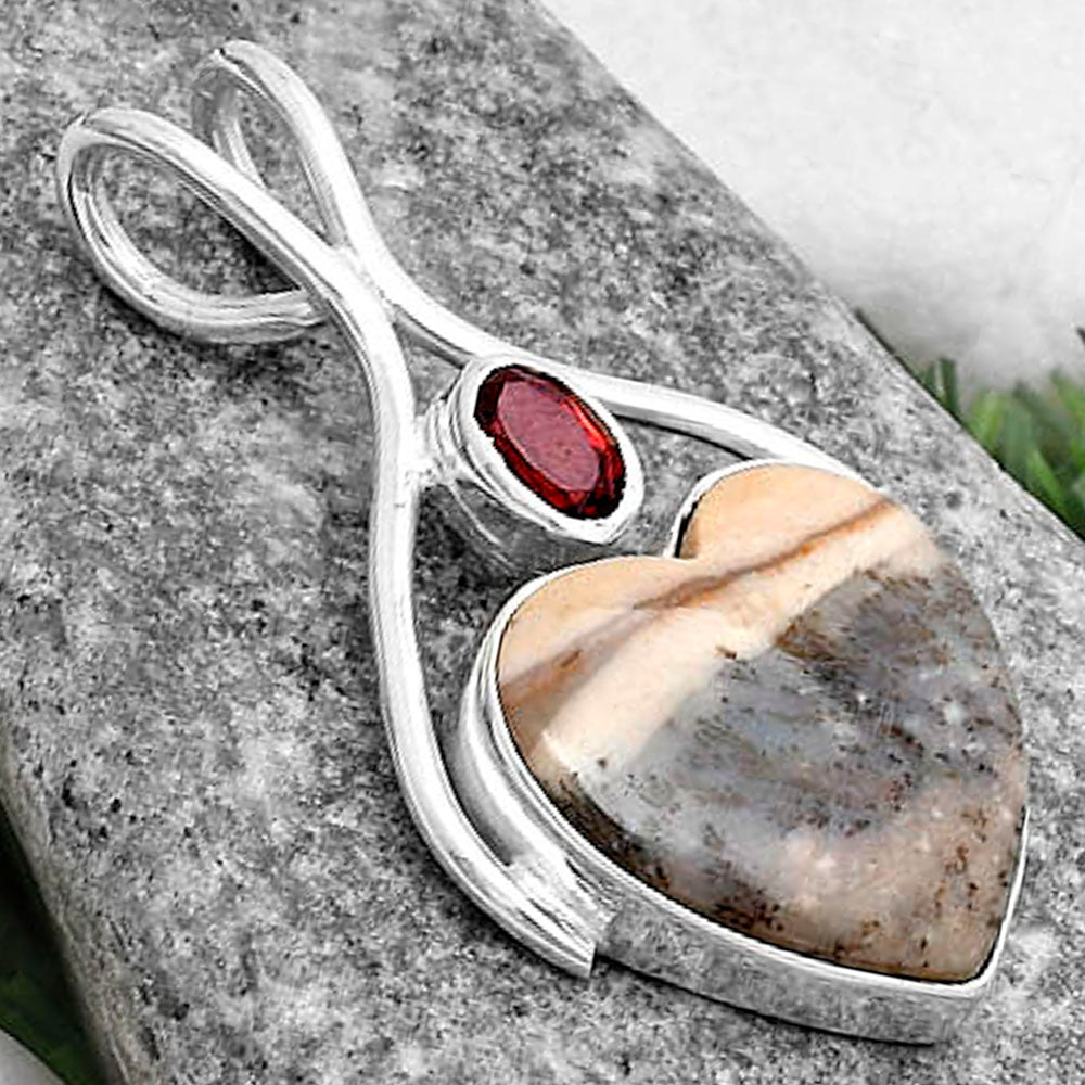 Heart Natural Dendrite Agate & Garnet Pendant P-1038 SDP120663