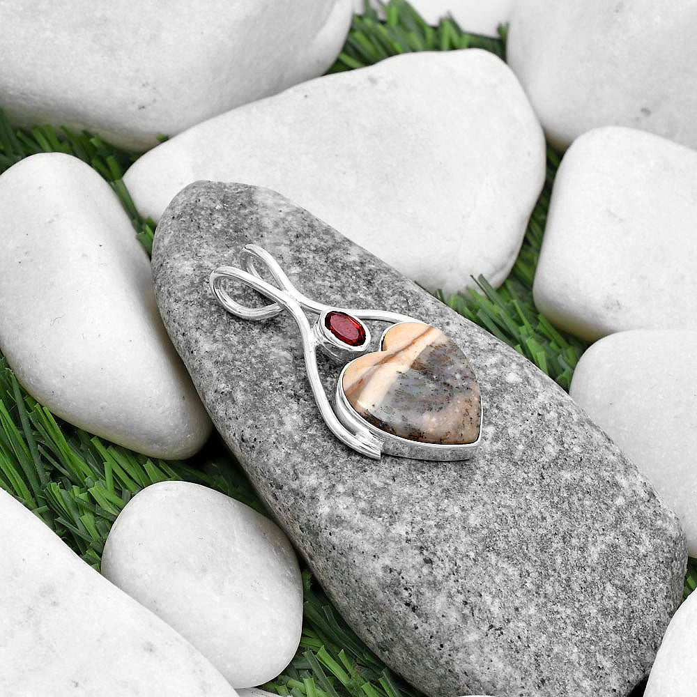 Heart Natural Dendrite Agate & Garnet Pendant P-1038 SDP120663