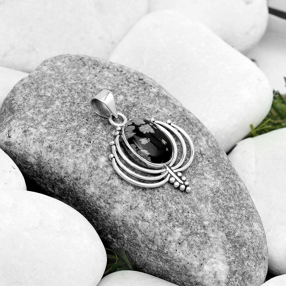 Lotus - Natural Snow Flake Obsidian Pendant P-1702 SDP122372