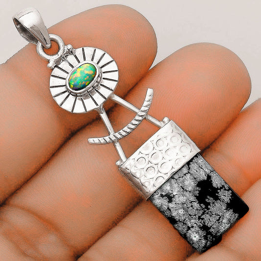Natural Snow Flake Obsidian & Fire Opal Pendant P-1193 SDP123155