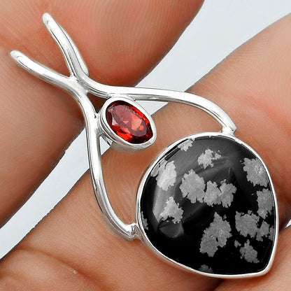 Natural Snow Flake Obsidian & Garnet Pendant P-1038 SDP123951