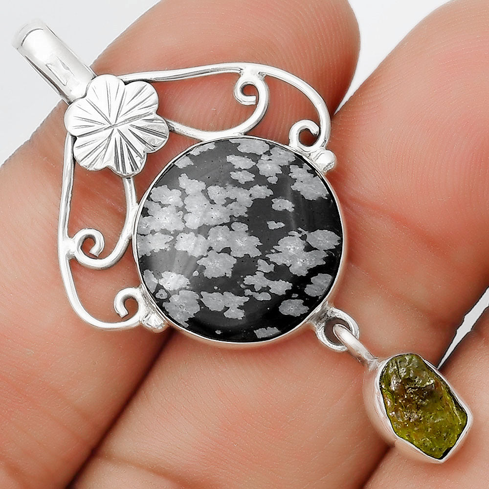 Snow Flake Obsidian & Peridot Rough Pendant P-1455 SDP125503