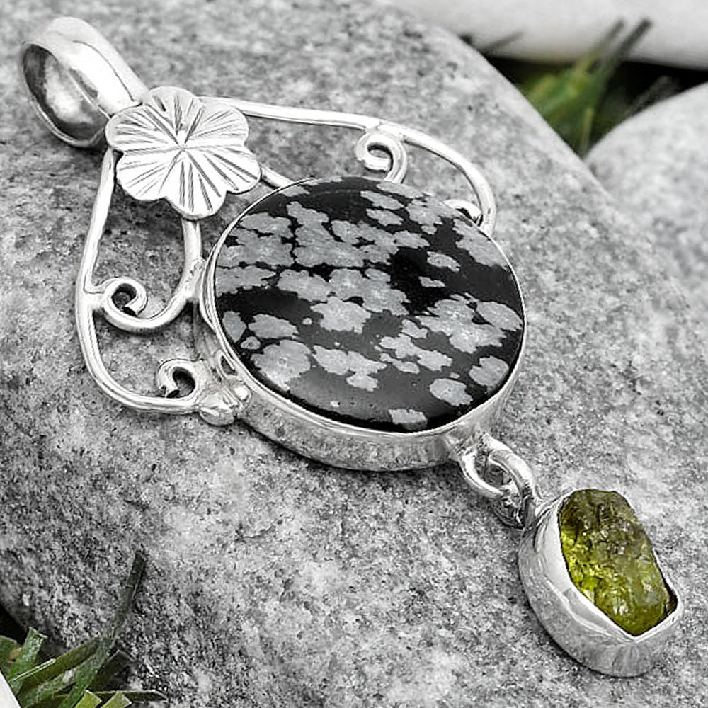 Snow Flake Obsidian & Peridot Rough Pendant P-1455 SDP125503
