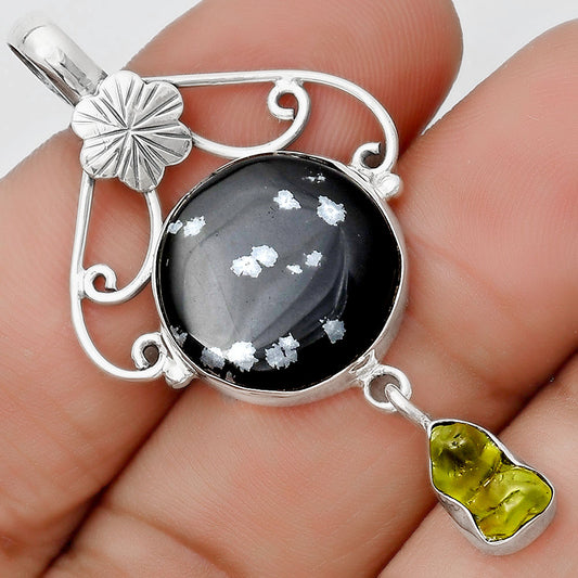 Snow Flake Obsidian & Peridot Rough Pendant P-1455 SDP125508