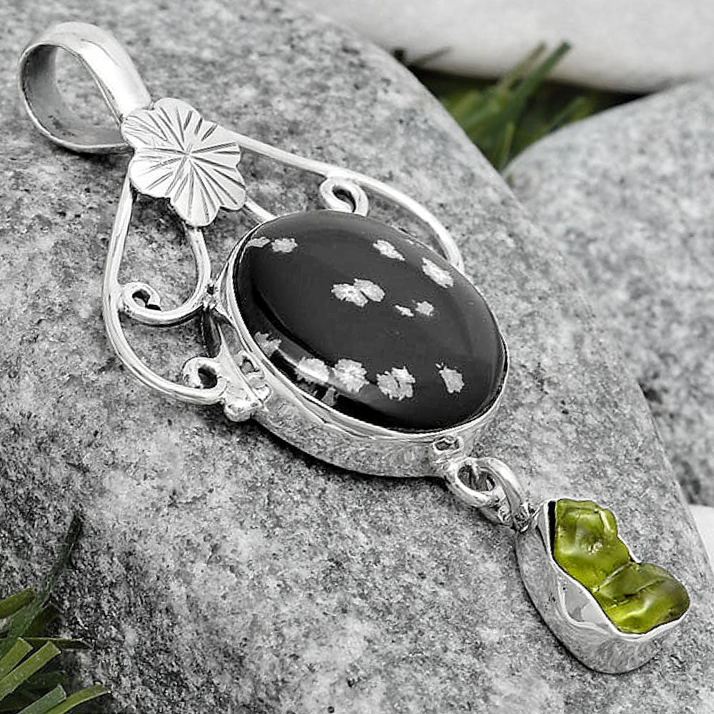 Snow Flake Obsidian & Peridot Rough Pendant P-1455 SDP125508