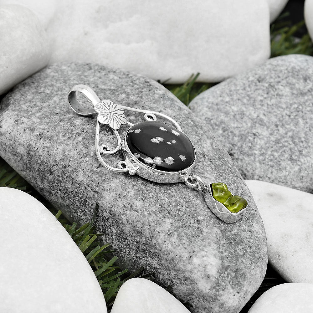 Snow Flake Obsidian & Peridot Rough Pendant P-1455 SDP125508