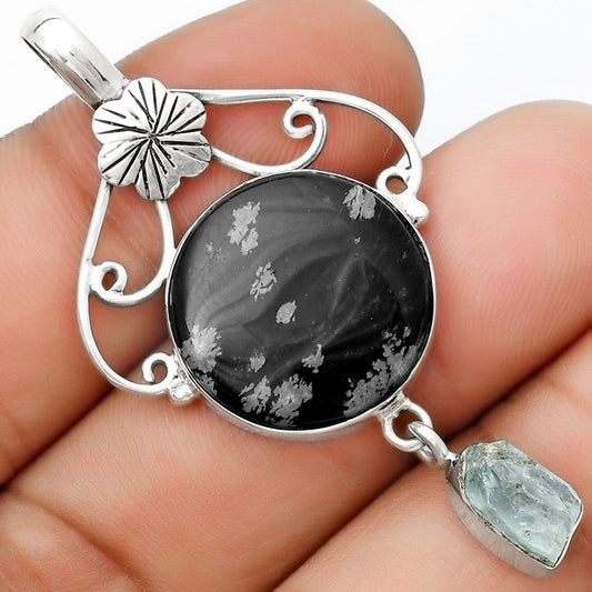 Snow Flake Obsidian & Aqua Apatite Rough Pendant P-1455 SDP125516