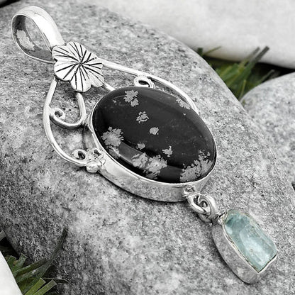 Snow Flake Obsidian & Aqua Apatite Rough Pendant P-1455 SDP125516