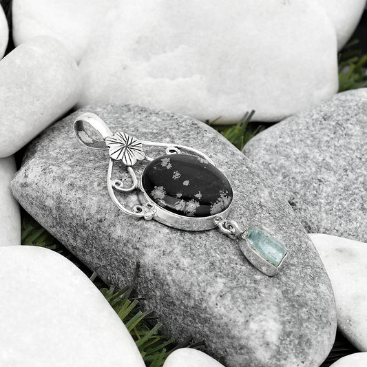 Snow Flake Obsidian & Aqua Apatite Rough Pendant P-1455 SDP125516