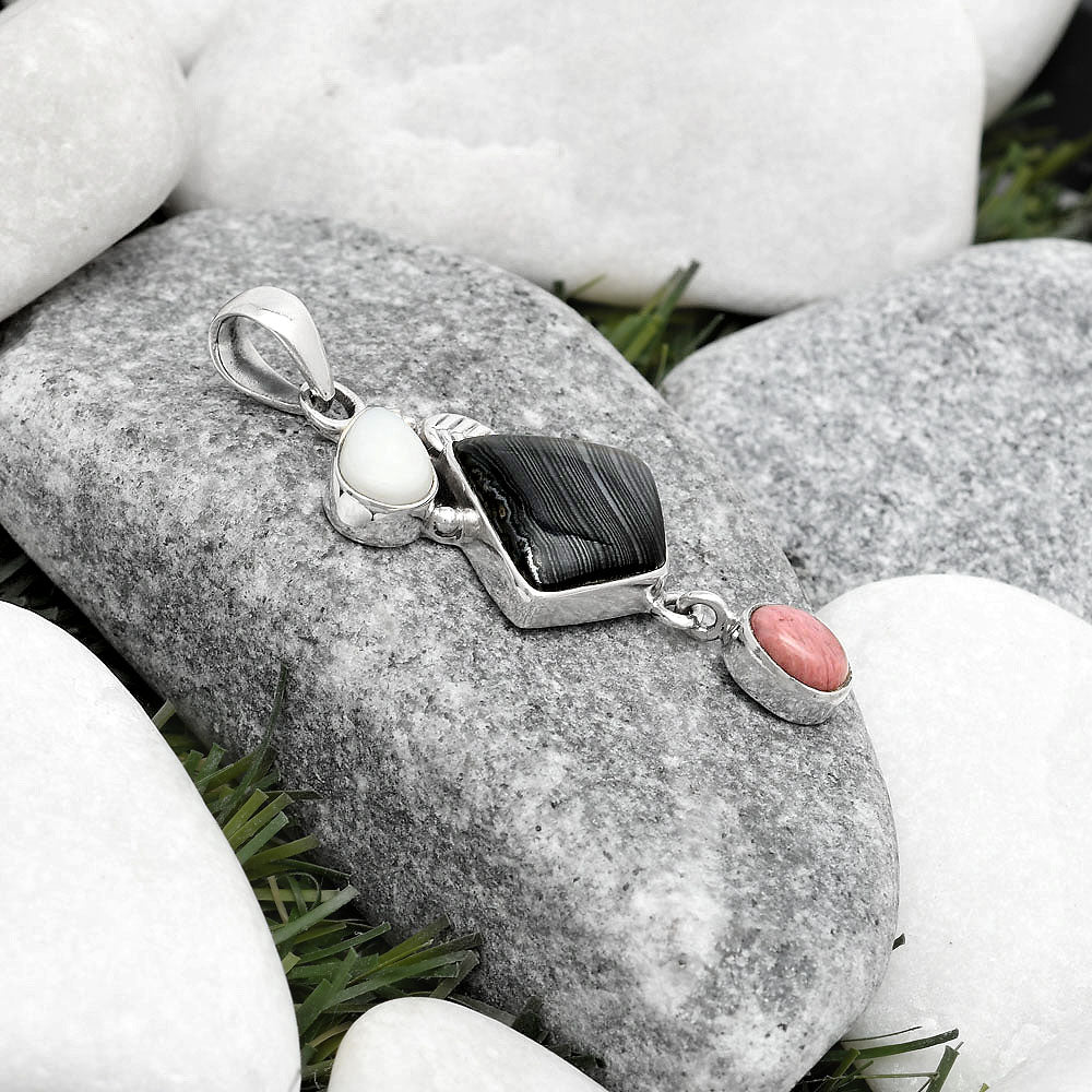 Black Malachite, White Opal & Pink Tulip Quartz Pendant P-1414 SDP125542
