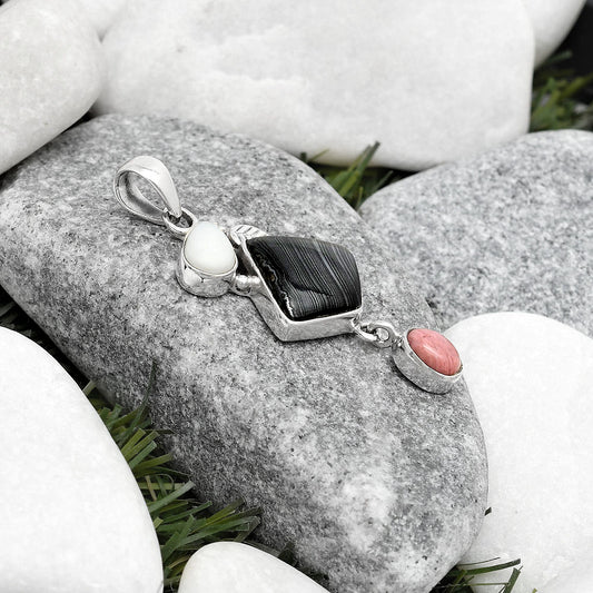 Black Malachite, White Opal & Pink Tulip Quartz Pendant P-1414 SDP125542