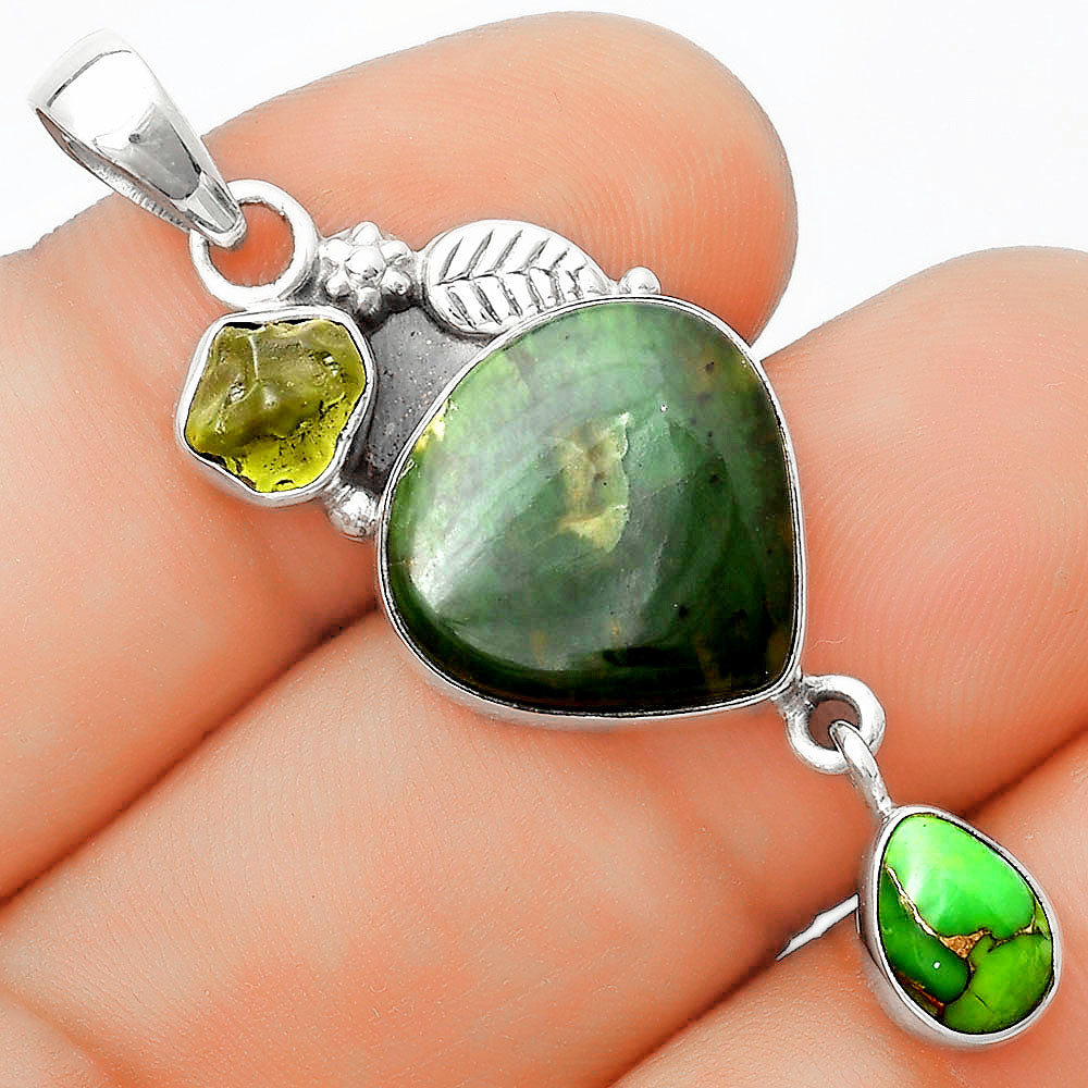 Larsonite Jasper, Peridot Rough & Copper Green Turquoise Silver Pendant P-1414 SDP125550