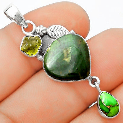 Larsonite Jasper, Peridot Rough & Copper Green Turquoise Silver Pendant P-1414 SDP125550