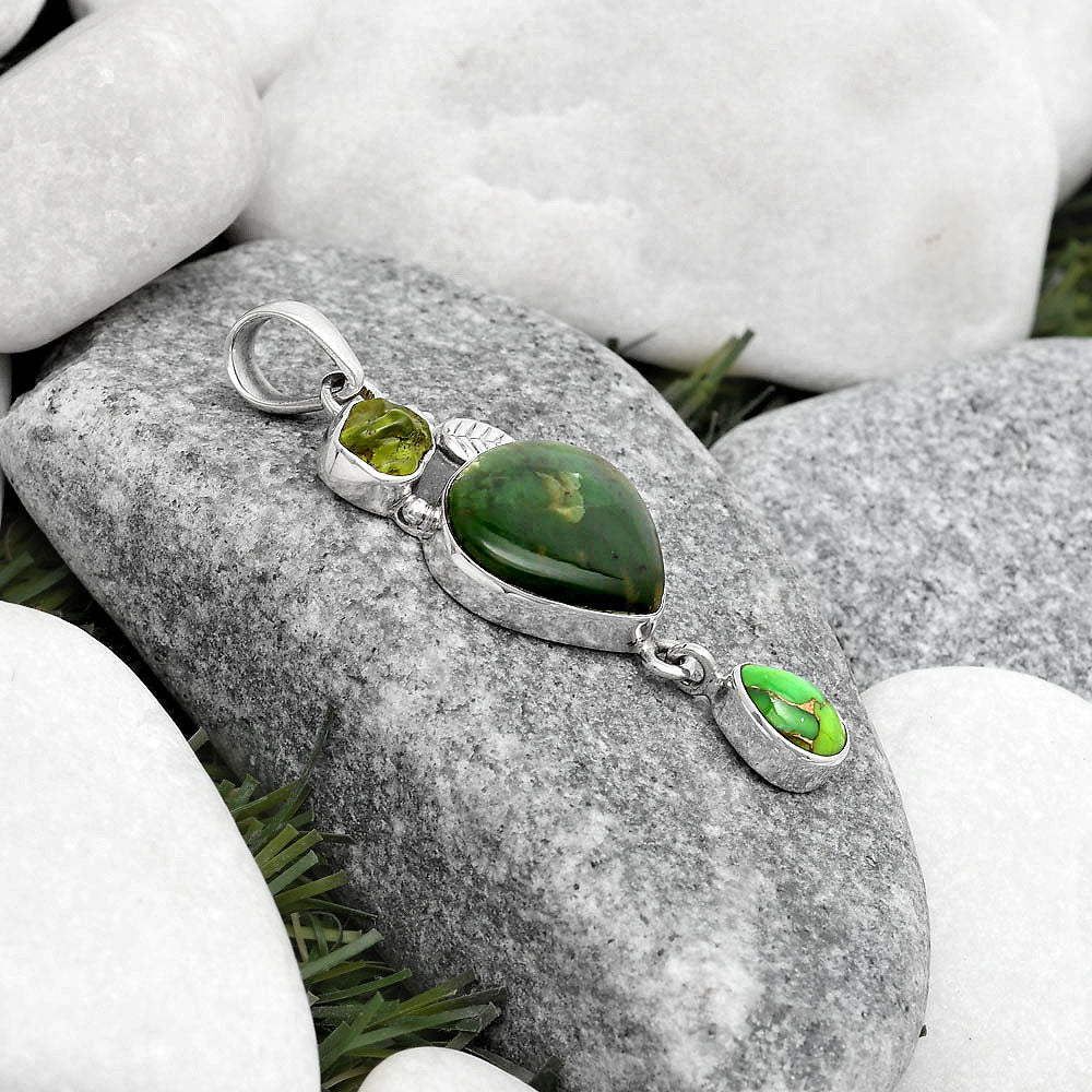 Larsonite Jasper, Peridot Rough & Copper Green Turquoise Silver Pendant P-1414 SDP125550