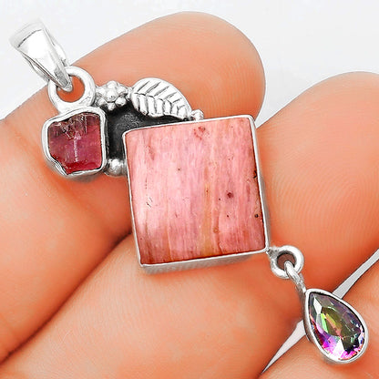 Pink Tulip Quartz, Pink Tourmaline Rough & Mystic Topaz Silver Pendant P-1414 SDP125553