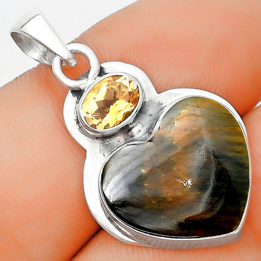 Heart Natural Blue Tiger Eye & Citrine Pendant P-1607 SDP125852