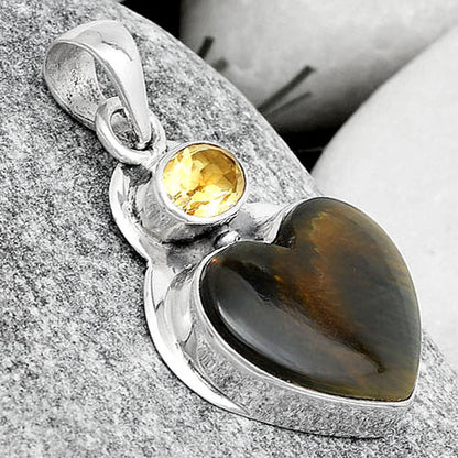Heart Natural Blue Tiger Eye & Citrine Pendant P-1607 SDP125852