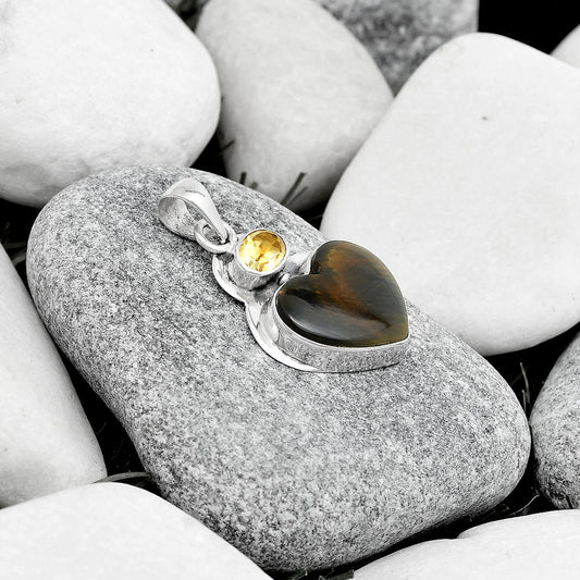 Heart Natural Blue Tiger Eye & Citrine Pendant P-1607 SDP125852