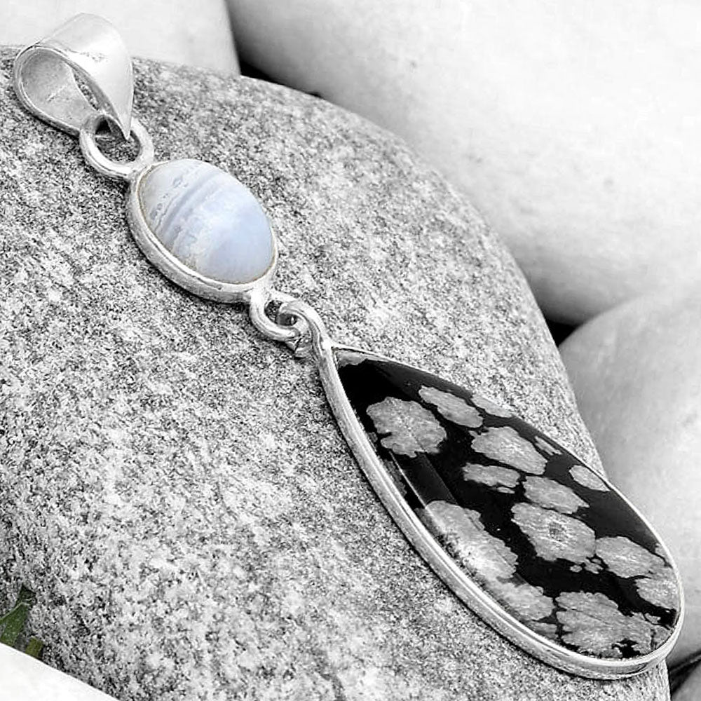 Snow Flake Obsidian & Blue Lace Agate Pendant P-1098 SDP126331