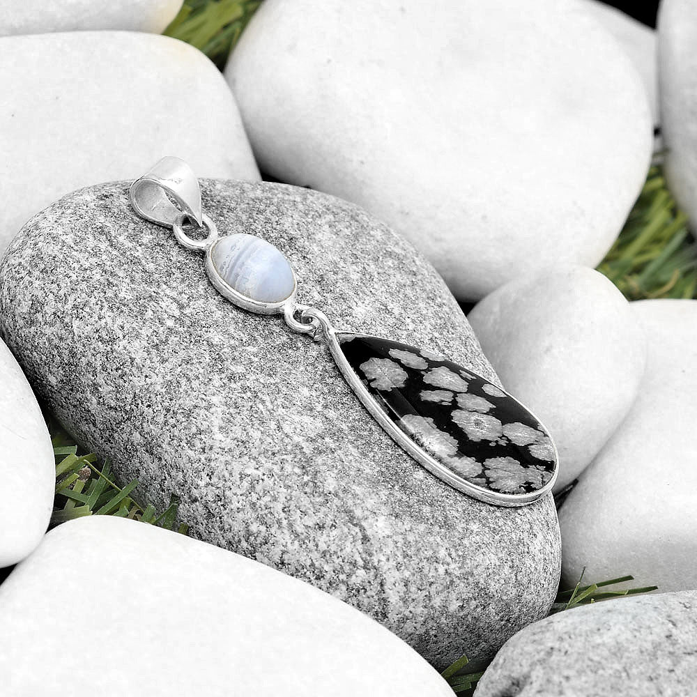 Snow Flake Obsidian & Blue Lace Agate Pendant P-1098 SDP126331