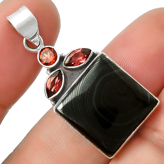 Crown Of Silver Psilomelane - Black Malachite & Garnet Pendant P-1203 SDP127757