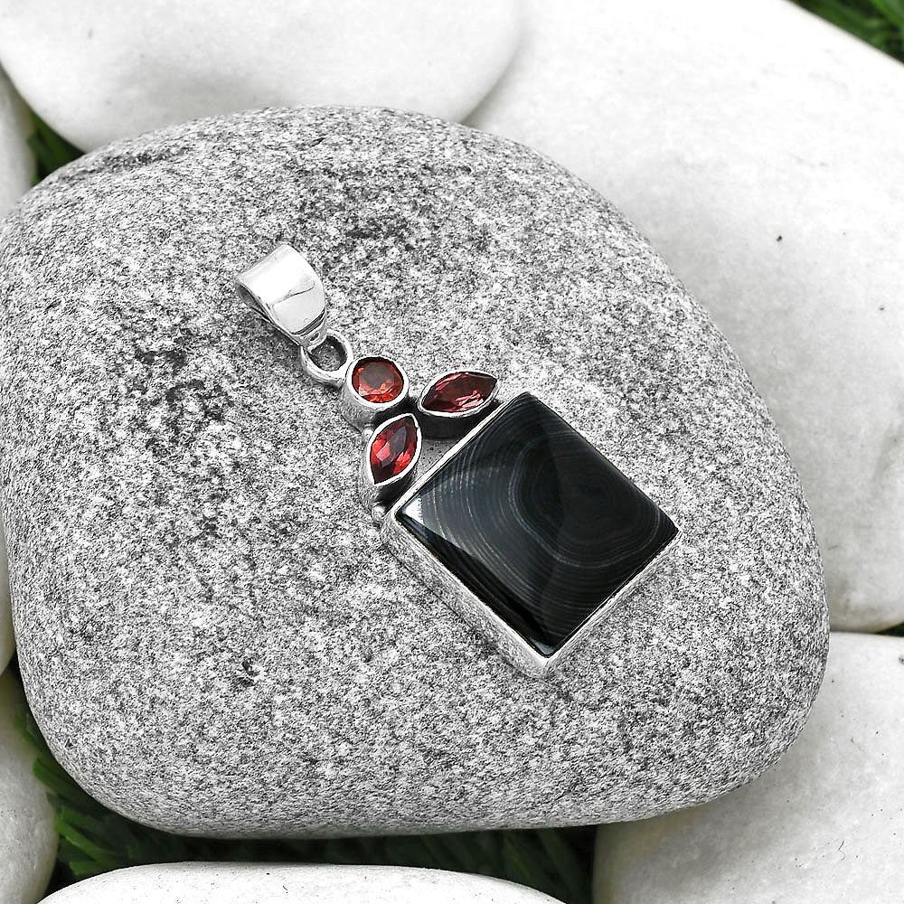 Crown Of Silver Psilomelane - Black Malachite & Garnet Pendant P-1203 SDP127757