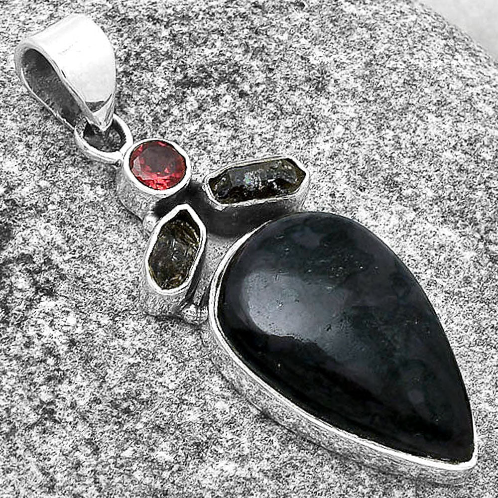 Indigo Gabbro, Herkimer Diamond & Garnet Pendant P-1203 SDP127758