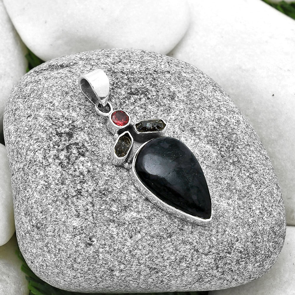 Indigo Gabbro, Herkimer Diamond & Garnet Pendant P-1203 SDP127758