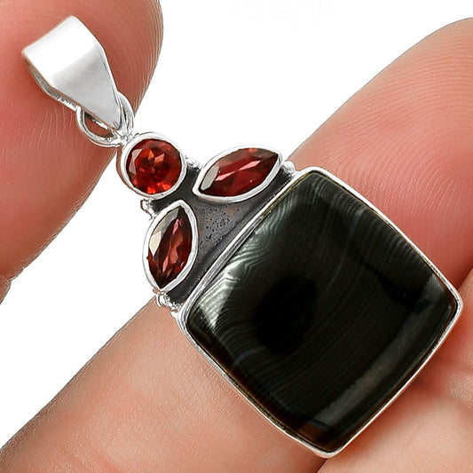 Crown Of Silver Psilomelane - Black Malachite & Garnet Pendant P-1203 SDP127759