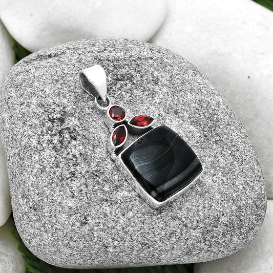 Crown Of Silver Psilomelane - Black Malachite & Garnet Pendant P-1203 SDP127759