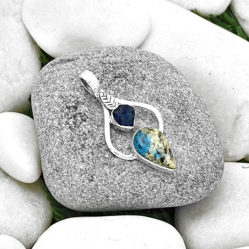 K2 Blue Azurite In Quartz & Blue Sapphire Rough Pendant P-1166 SDP127762