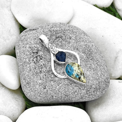 K2 Blue Azurite In Quartz & Blue Sapphire Rough Pendant P-1166 SDP127762