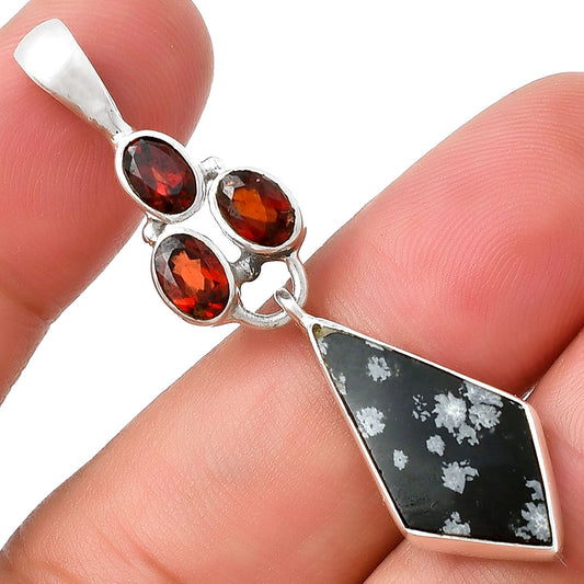 Natural Snow Flake Obsidian & Garnet Pendant P-1203 SDP127902