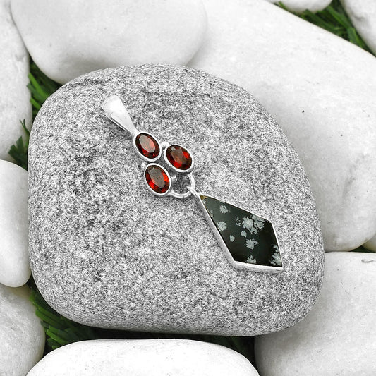 Natural Snow Flake Obsidian & Garnet Pendant P-1203 SDP127902