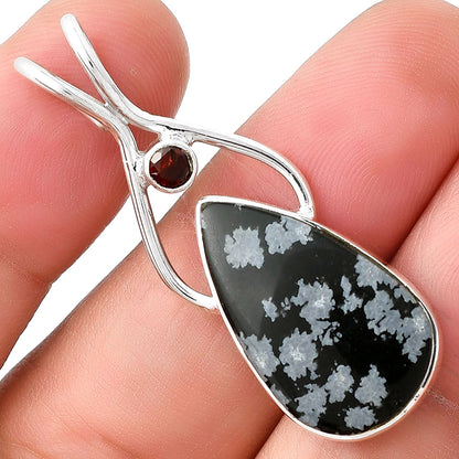 Natural Snow Flake Obsidian & Garnet Pendant P-1038 SDP128220