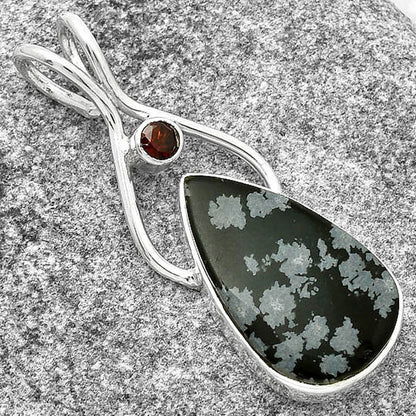 Natural Snow Flake Obsidian & Garnet Pendant P-1038 SDP128220