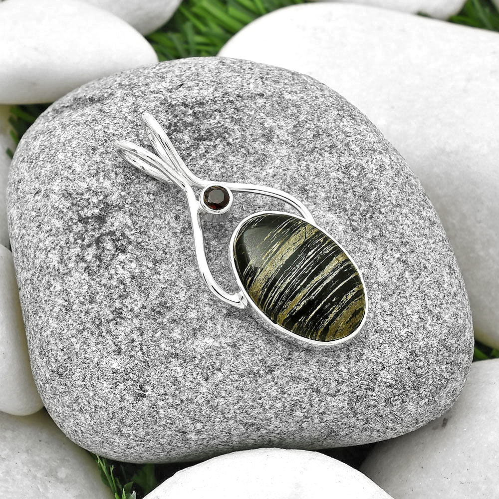 Natural Silver Leaf Obsidian & Garnet Pendant P-1038 SDP128224