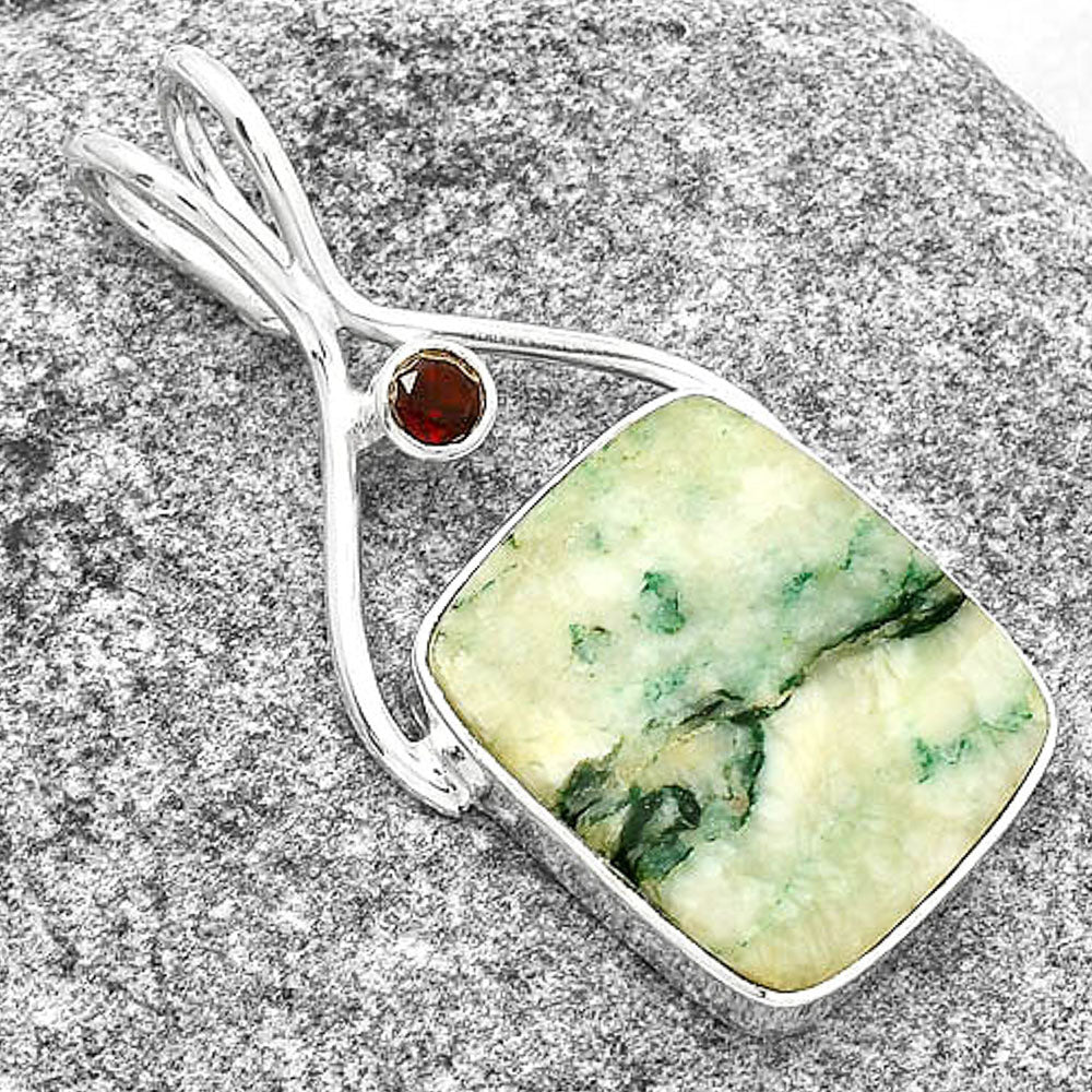 Tree Weed Moss Agate - India & Garnet Pendant P-1038 SDP128235