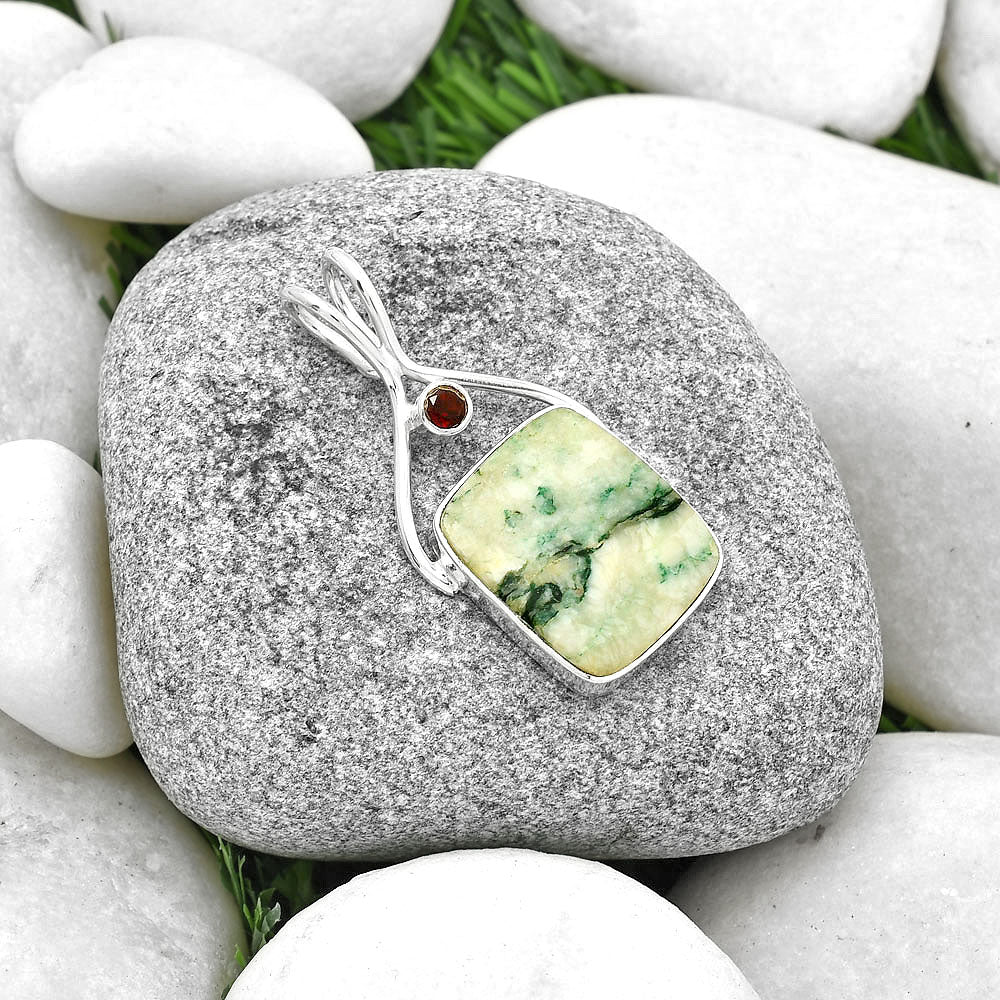 Tree Weed Moss Agate - India & Garnet Pendant P-1038 SDP128235