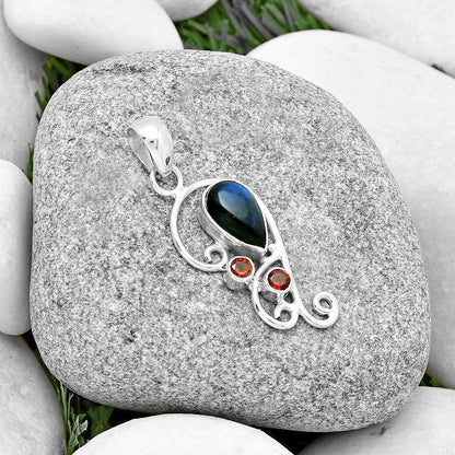 Natural Blue Fire Labradorite & Garnet Pendant P-1039 SDP128930