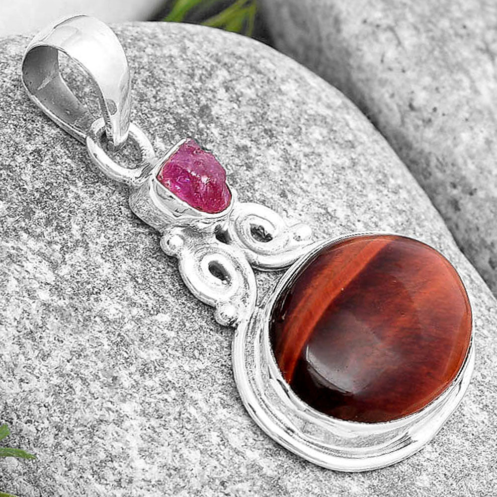Red Tiger Eye & Pink Tourmaline Rough Pendant P-1603 SDP129327
