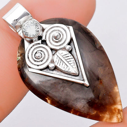 Owl - Red Palm Root Agate & Zircon Pendant P-1649 SDP130405