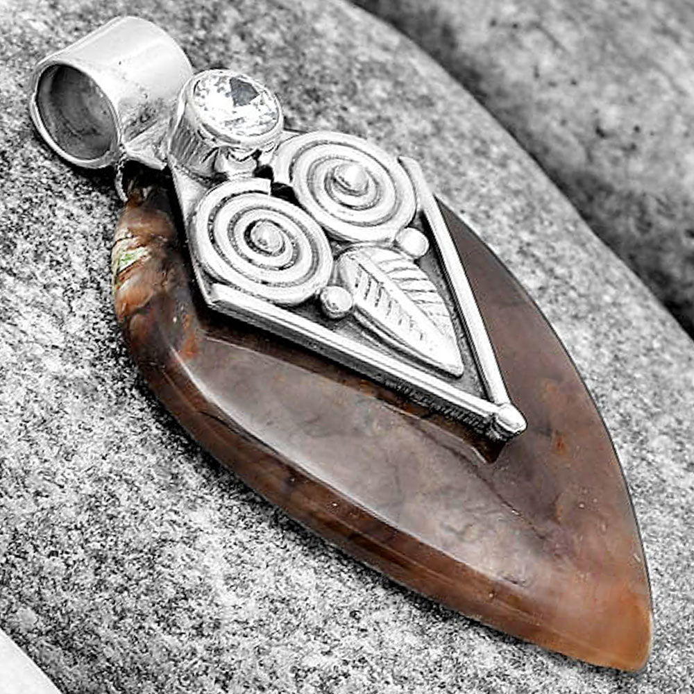 Owl - Red Palm Root Agate & Zircon Pendant P-1649 SDP130405