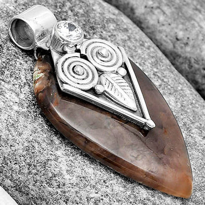 Owl - Red Palm Root Agate & Zircon Pendant P-1649 SDP130405