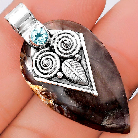 Owl - Red Palm Root Agate & Sky Blue Topaz Pendant P-1649 SDP130429