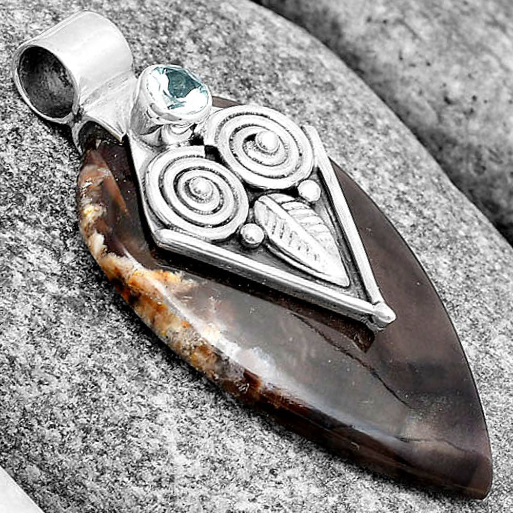 Owl - Red Palm Root Agate & Sky Blue Topaz Pendant P-1649 SDP130429